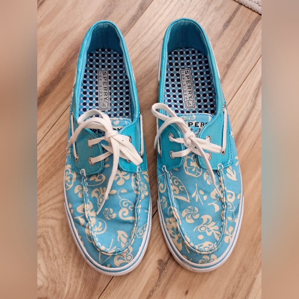 Sperry Top-Slider Floral Canvas Blue & Cream Boat Shoes  Size 8.5 - Picture 4 of 11